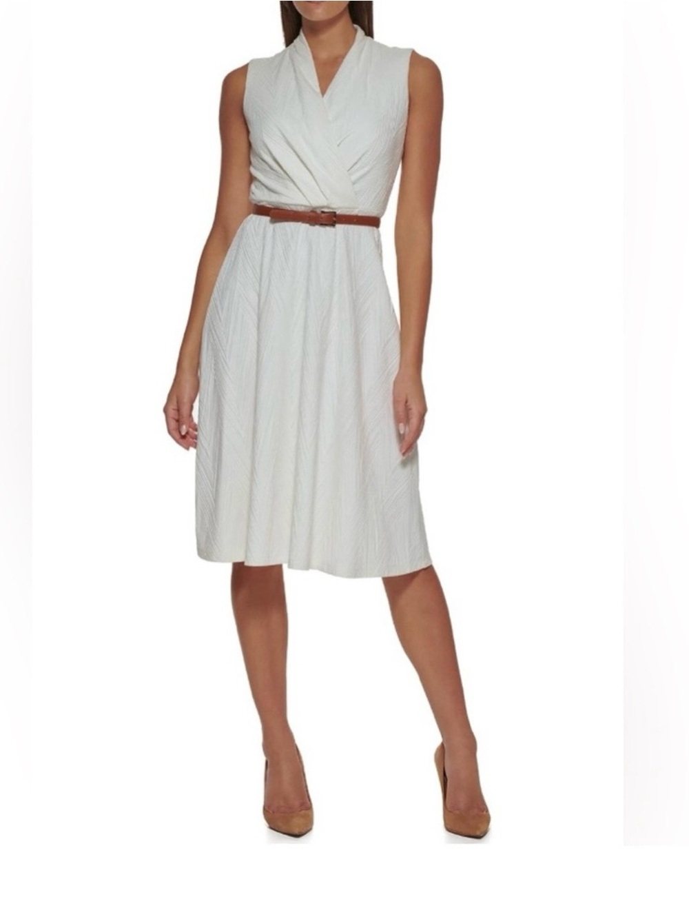 Tommy Hilfiger Cream Sleeveless Wrap Dress with Brown Belt